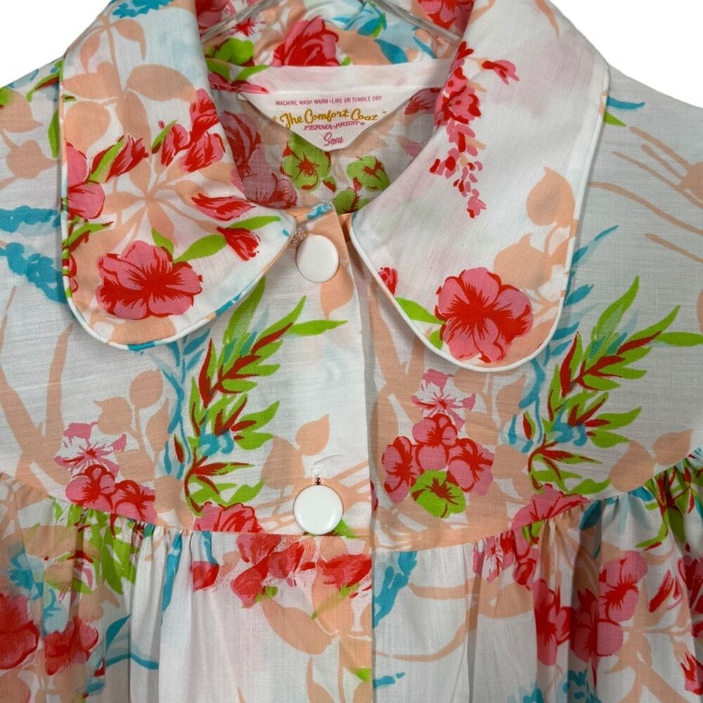 Vintage 70s Sears The Comfort Coat Floral House Dress Medium White Pink Cottage - Picture 4 of 5